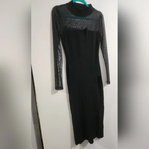 Almost Famous Bodycon Thigh Slit Mesh Long Sleeved Ribbed Sweater Dress, Size XL - Picture 2 of 4